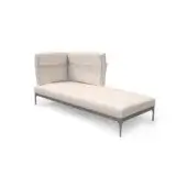 Modular chaise lounge, beige linen upholstery, dark gray metal frame, rectangular cushions, minimalist contemporary design, studio lighting.