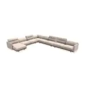 Arlott Compo sectional sofa, light beige linen, low profile L-shape with chaise, dark brown tapered legs, modular seating, minimalist design.