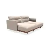 Modular sofa, beige upholstery, vertical pleating, dark brown wood frame, black metal legs, chaise lounge configuration, contemporary design.