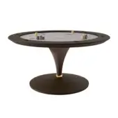 Poker table, dark blue felt, circular tabletop with card markings, dark brown lacquered wood frame, conical pedestal base with gold accent.