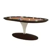 Poker table, tan felt, oval tabletop with brown trim and cup holders, supported by a cream and brown conical pedestal base.