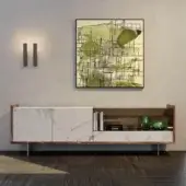 Refined Reflex Uro sideboard with white Marble glass doors and tinted glass, built with a wooden structure and LED lighting