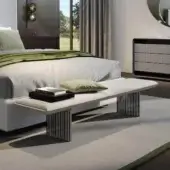 Elegant Reflex Monolite bench with bronze lacquered wood, light grey fabric upholstery and satin grey glass legs