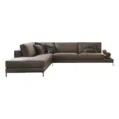 Brown leather sectional sofa, L-shape with chaise, dark metal legs, gray textured pillows, wood side table with spheres.