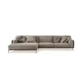 Kris Composition sectional sofa, taupe fabric, modular chaise lounge, low profile, metal legs, gray and green cushions.