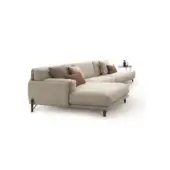 Beige fabric sectional sofa with chaise, black metal legs, rectangular back, and rust-orange, dark beige accent pillows on white background.