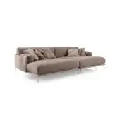 Modular sofa, taupe fabric, low profile with chaise lounge; silver metal legs and square/rectangular throw pillows in brown and gray tones.
