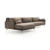 Modular sofa, brown-grey woven fabric, three-seater with left-side chaise, square cushions, tapered bronze metal legs, minimalist design.