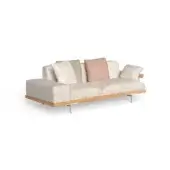 Three-seater sofa, off-white textured fabric, low profile with angled backrest and silver metal legs, rose-pink, beige, cream cushions.