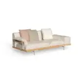 Beige textured sofa with oak frame, silver legs, and three pillows: rose, sage, geometric white beige pattern, studio shot.