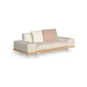 Beige linen sofa with light oak frame and white metal legs, styled with cream, blush pink, and terracotta textured pillows.
