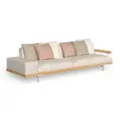 Three-seater sofa, light beige textured fabric, with olive, rose, and taupe pillows, oak frame, and brushed metal legs.
