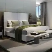 Exceptional Reflex Oh bed with quilted light gray textile and metallic finished wooden frame built with LED lighting