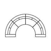 Modular seating line drawing, black and white, curved sectional with rectangular segments built into a low wall base.