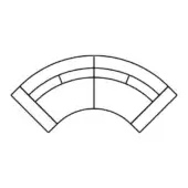 Curved desk configuration, dark wood finish, three-section arc with dual horizontal tiers, minimalist workspace design, white background.