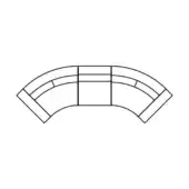 Modular desk line drawing, black and white, curved three-section design with recessed storage and central rectangular component.