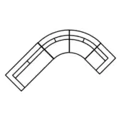 Modular desk line drawing, black and white, L-shape with curved section, rectangular extensions, and internal compartments for office organization.