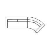 Modular desk schematic, black lines on white, features rectangular and quarter-circular sections with drawer and compartment details.