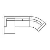 Modular office desk line drawing, black and white, L-shape with rectangular and curved sections, featuring inset and divided surfaces.