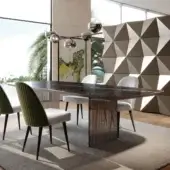 Distinguished Reflex Monolite table with shaped beveled top in bronze lacquered wood and striking glass legs