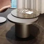 Innovative Reflex Tau Steel Move coffee table with cylindrical wooden base and Marble Glass tabletop in taupe and brown hues