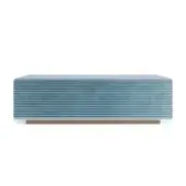 Distinguished Reflex Bag Bench seating with light blue horizontally ribbed textile and matte gold painted wood plinth base
