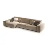 Modular sectional sofa, light beige fabric, rectangular modules with square armrests and textured pillows in gold, silver-grey, and brown.