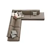 Leather sectional sofa, brown, quilted; L-shape with rectangular modules, gray & terracotta pillows, minimalist design, studio product shot.