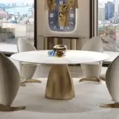 Superior Reflex Botero table with round Marble Glass top and glossy gold metallic base