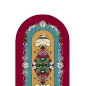 Vismara poker table, mustard yellow center with masked portrait, dark red foliage band, turquoise border with floral and animal motifs.