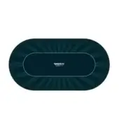 Gaming mat, teal and white, oval shape with central rectangle displaying “VIVAPOKER.COM” and radiating lines creating a sunburst pattern.