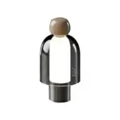 Table lamp, brushed stainless steel and chestnut ceramic, cylindrical body with dome shade and diffused light source.