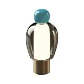 Table lamp, translucent grey shade, asymmetrical rounded form with turquoise accent, brushed brass cylindrical stem, studio lighting.