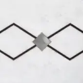 Geometric marble texture with intersecting dark gray diamonds and a central brushed metallic square featuring a faceted design.