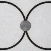 Intersecting black rings with a gray center element on a light beige mottled background, digital rendering, circular composition.