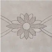 Floral textile design, beige fabric, circular stitched pattern with cross-hatch petals and radiating lines, labeled “nabuk elegance”.