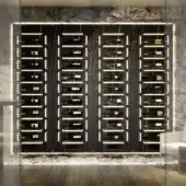 Elegant Reflex Aurora wine rack with Marble Glass panels, transparent glass shelves and warm LED backlighting in a dark gray glossy finish