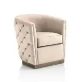 Superior DV Home Collection Vogue lounge chair in light beige plush textile with button-tufted detailing and metallic-toned wood base