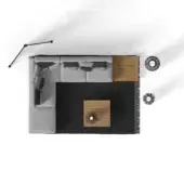 Modular sofa with light gray upholstery, wooden accent, dark gray rug, square wood coffee table, and black floor lamp in studio setting.
