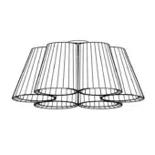 Wireframe lamp with five conical shades, matte black finish, ribbed texture, minimalist geometric design, studio lighting, white background.
