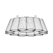Chandelier, black and white line drawing, eight conical wireframe shades with ribbed texture and scalloped edges in circular arrangement.
