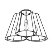 Black wire pendant lamp, conical cage design, teardrop bulb, matte finish, circular mounting plate, minimalist industrial style.