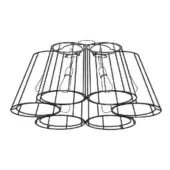 Six-light chandelier, matte black metal, cage design with conical shades arranged symmetrically around a central circular fixture.