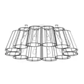 Modern chandelier, black metal, geometric cage design with eight cylindrical Edison bulb fixtures and layered truncated cone wireframe.