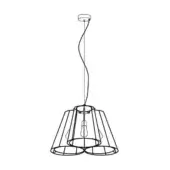 Pendant light, wire mesh, three-tiered truncated cone cages with central bulb, slender curved cord, minimalist industrial design.