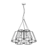 Chandelier, dark metal wire, five conical shades suspended from cables, cylindrical canopy, minimalist geometric design, studio lighting.