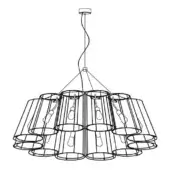 Chandelier line drawing, metal and glass, tiered circular form with cylindrical cage lights suspended from slender wires against a white backdrop.