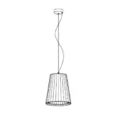 Pendant light, black metal, conical lampshade with grid framework and curved suspension rod against a white backdrop.