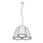 Pendant light fixture, black and white line drawing, three concentric truncated cone shades, wireframe grid pattern, circular ceiling mount.