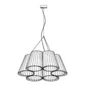 Minimalist chandelier, dark metal, six tiered cylindrical shades with wire mesh detailing suspended from a circular ceiling mount.